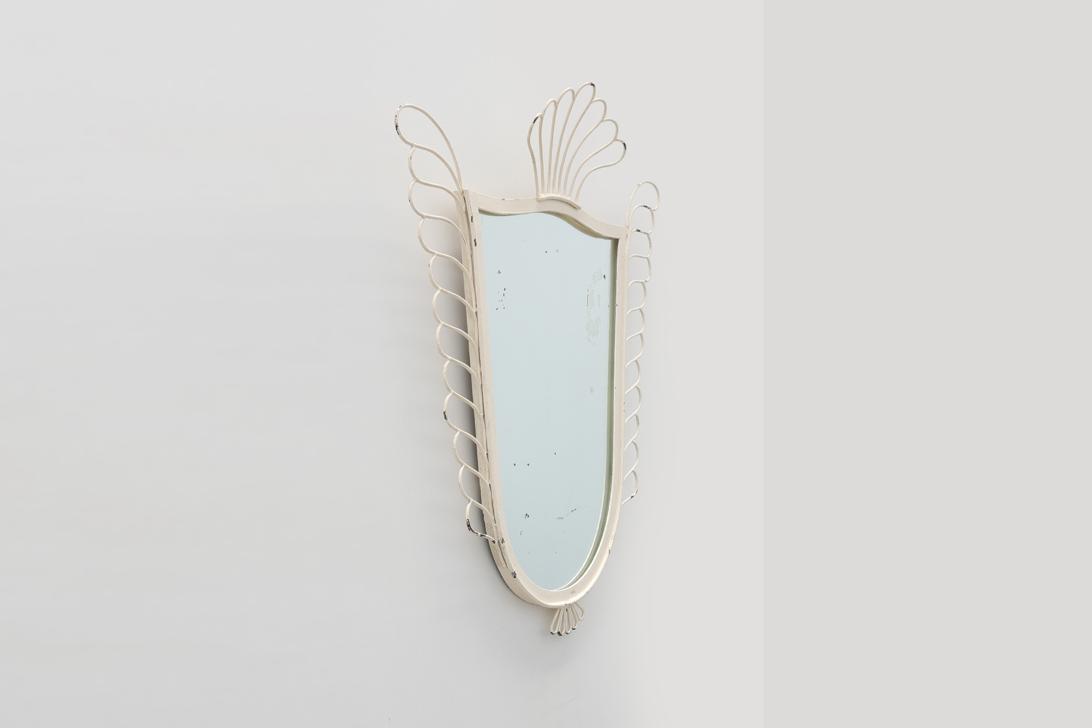 French White Lacquered Metal Mirror with Looped Wire Frame and Fan Crest, 1950sthumbnail